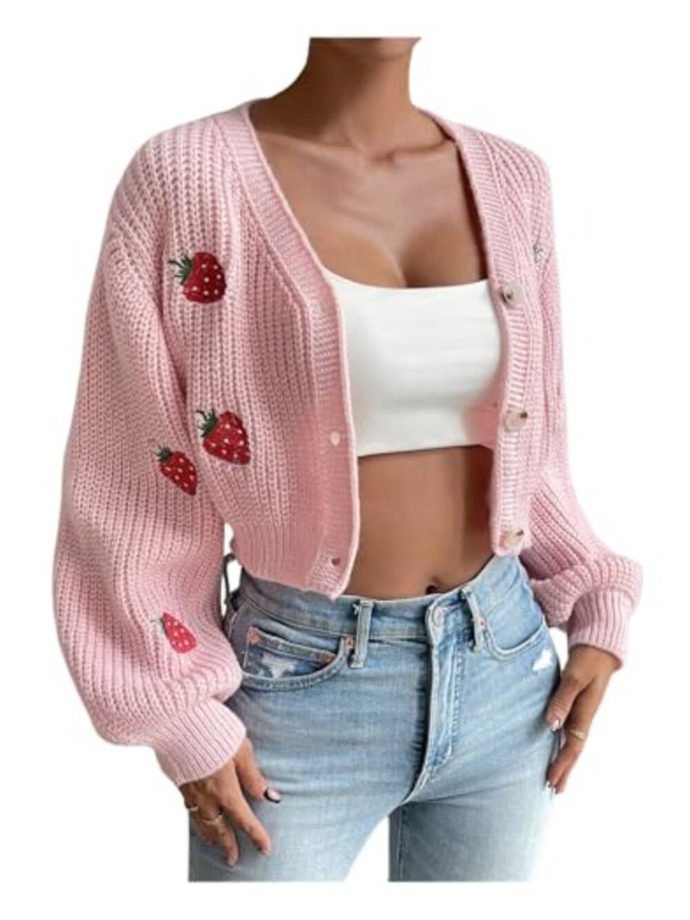 Strawberry Embroidery Crop Cardigan Drop Shoulder Button Up V Neck Sweater